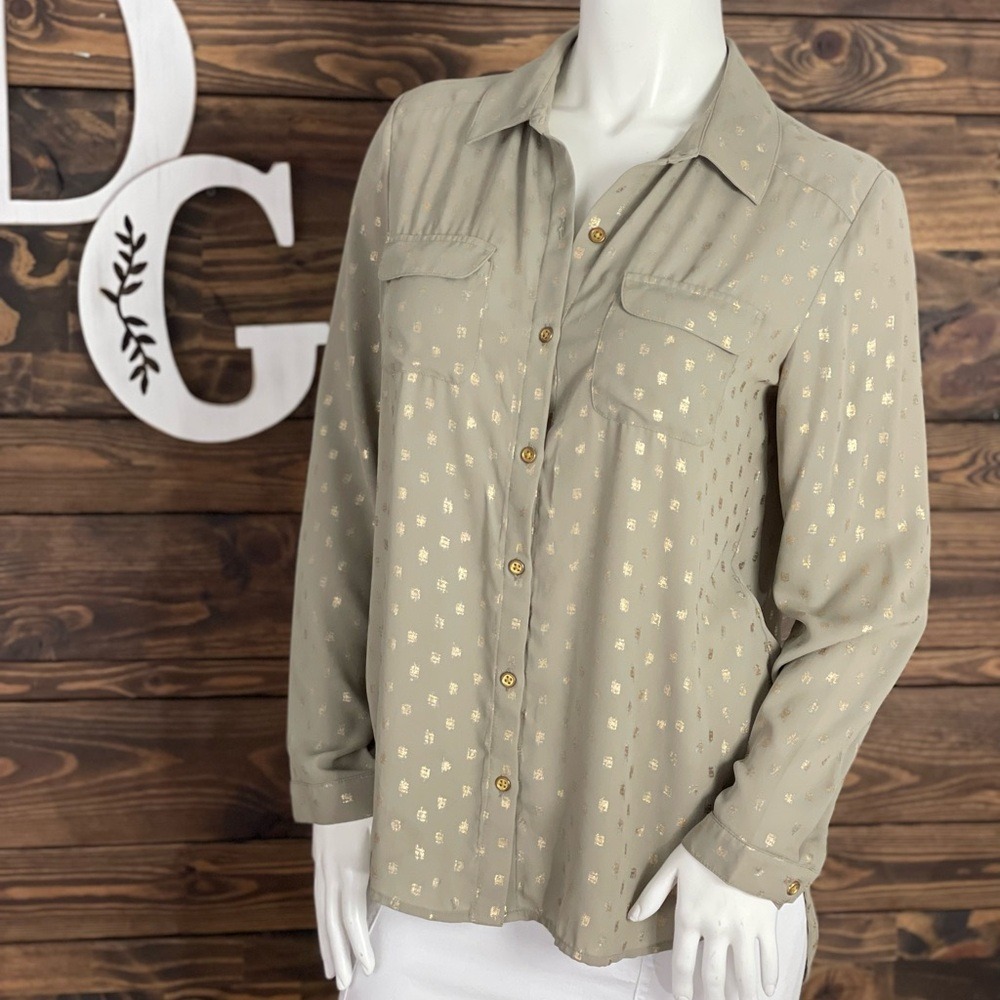 Chicos | Metallic Gold Polka Dot Button Down High Low Blouse Save Green